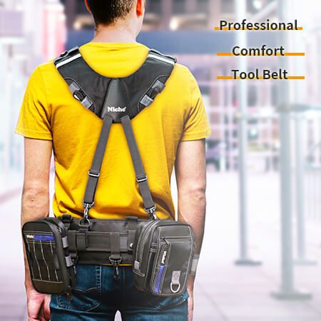 Verstellbare Werkzeuggürtel-Träger, passend für alle Körpertypen, und Werkzeugtaschen sind angebracht.